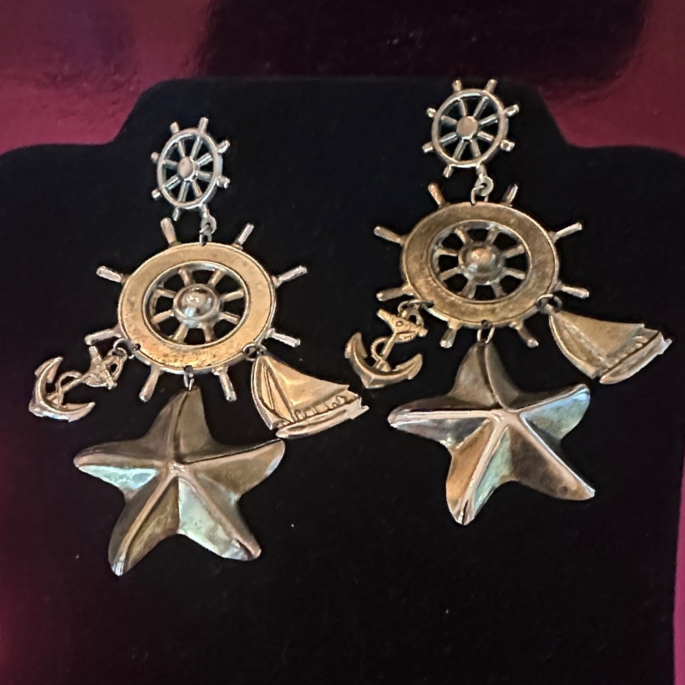 Oversized Nautical Statement Earrings 4” Starfish Anchor Ship Wheel Silver Tone
